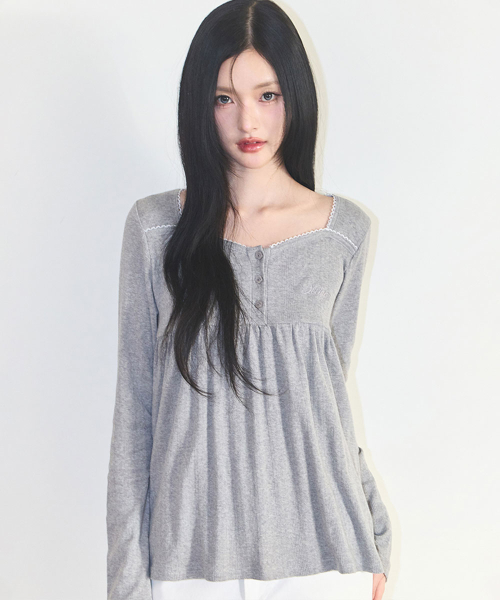 FLARE SHIRRING LONG SLEEVE MELANGE