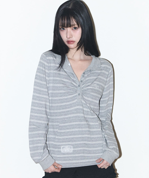 OPEN COLLAR LONG SLEEVE TOP MELANGE