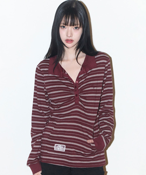 OPEN COLLAR LONG SLEEVE TOP BURGUNDY