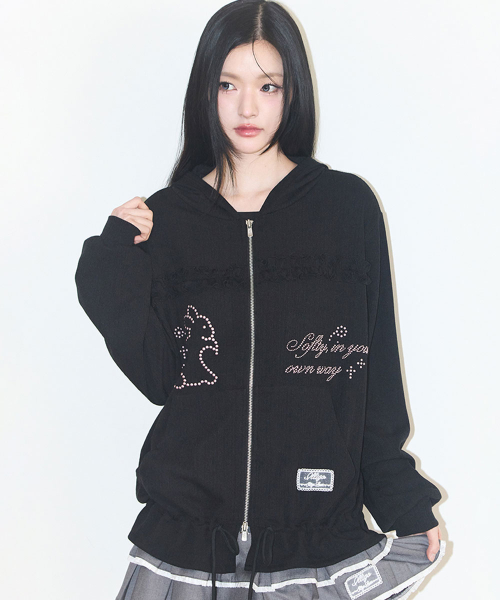 CROCHET RABBIT HOODED ZIP-UP BLACK