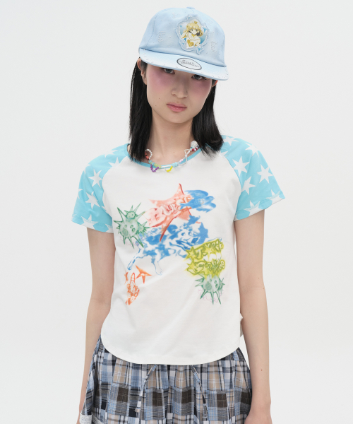 Star Sleeve Spray Raglan Top [Blue]