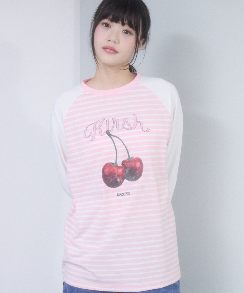 CHERRY GRAPHIC LOOSE-FIT STRIPE LONG SLEEVE(IVORY)
