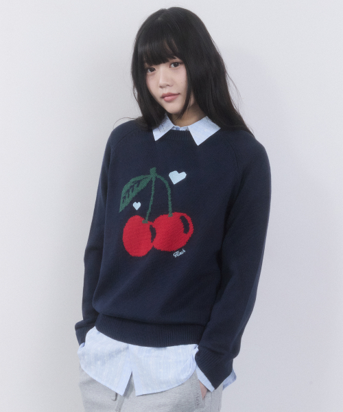 CHERRY JACQUARD LOOSE-FIT KNIT(NAVY)