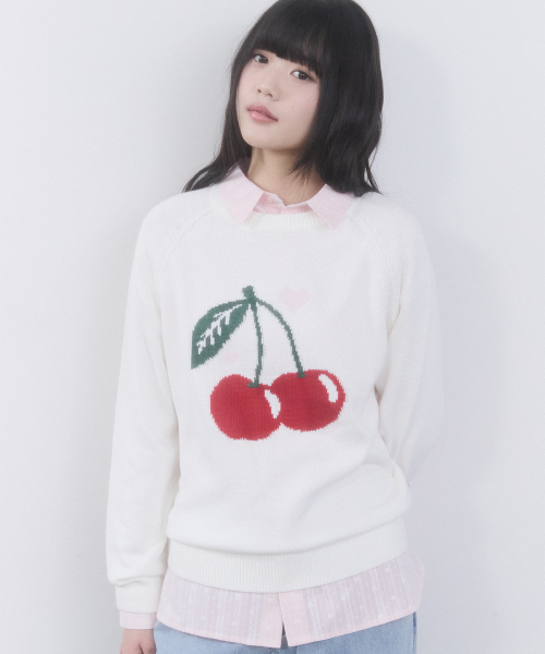 CHERRY JACQUARD LOOSE-FIT KNIT(IVORY)