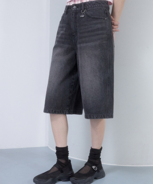 PLAIN LOOSE-FIT BERMUDA DENIM PANTS(BLACK)