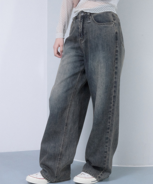 PLAIN WIDE-FIT DENIM PANTS(DEEP BLUE)