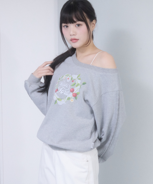 CHERRY GRAPHIC OFF-SHOULDER CROP SWEATSHIRT(MELANGE GRAY)