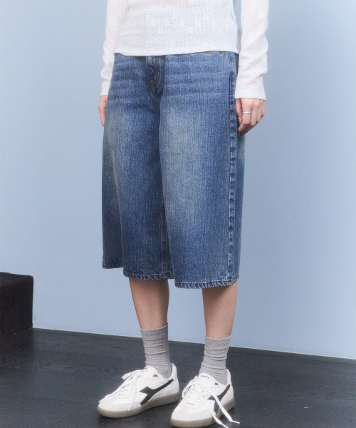 POCKET RIBBON DETAIL WIDE-FIT DENIM SHORTS(BLUE)