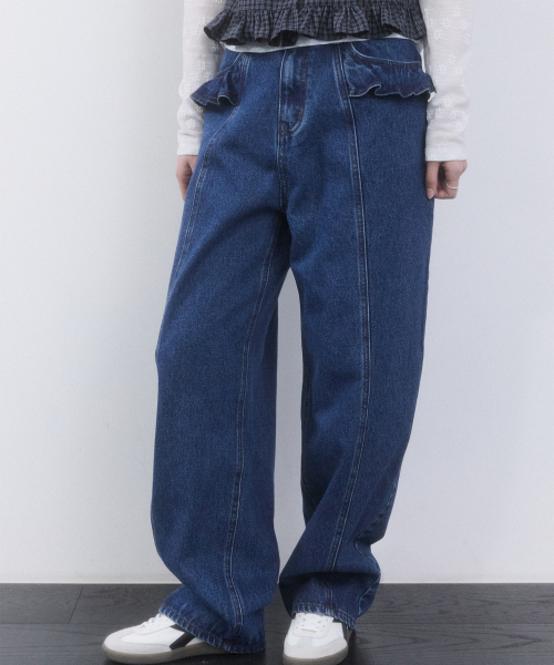 RUFFLE-DETAIL WIDE-FIT DENIM PANTS(DEEP BLUE)
