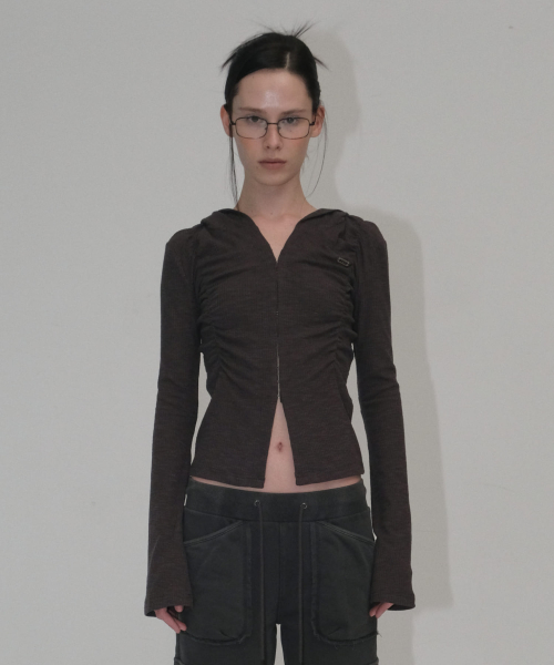 SHIRRING HOOD CARDIGAN [CHARCOAL]