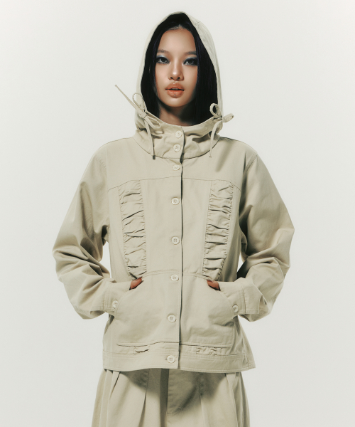 COTTON SHIRRING HOOD JACKET BEIGE