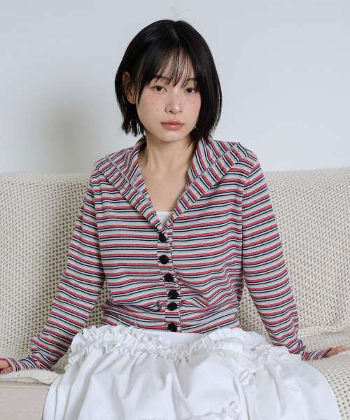 STRIPED HIGH NECK BUTTON CARDIGAN - GRAY