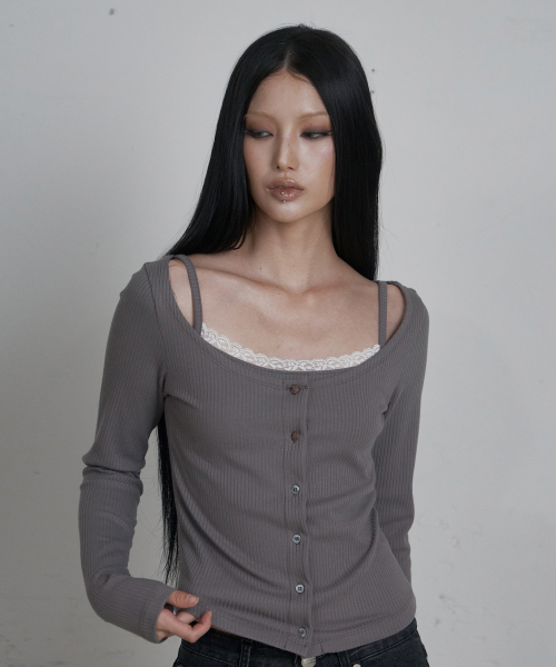C 2-WAY ROSE BUTTON CARDIGAN SET_CHARCOAL