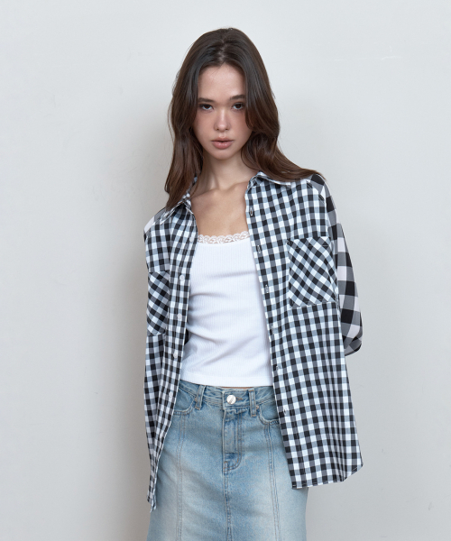 C COLOR BLOCK CHECK OVERSIZED SHIRT_BLACK