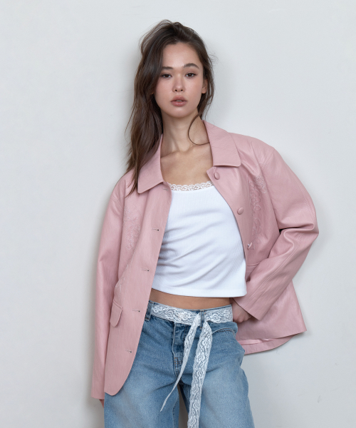 C ROSE-STITCH LEATHER JACKET_PINK