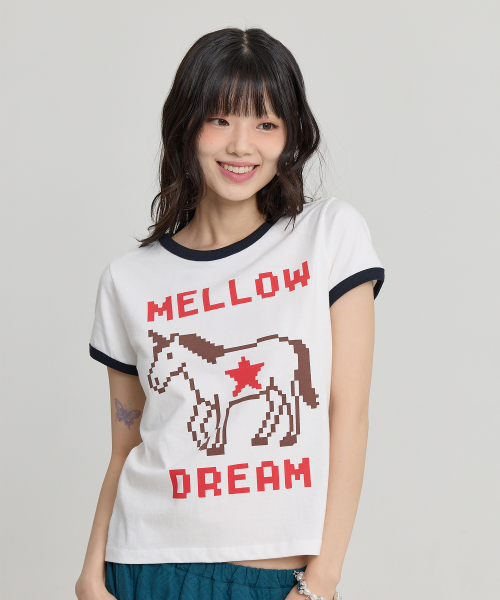 MELLOW DREAM Unicorn Ringer Half T-shirt IVORY