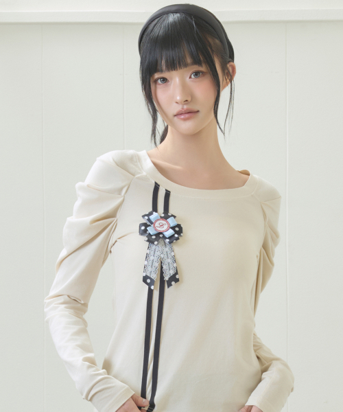 EL ROSETTE SHIRRING TEE(CREAM)