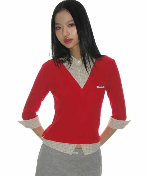Knit Layered Check Shirt_Red