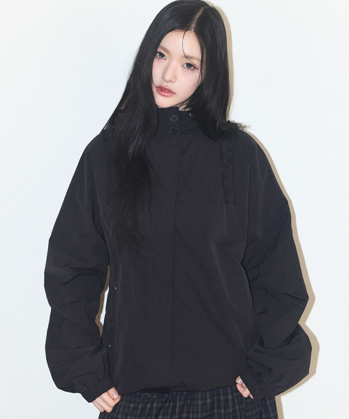OBLIQUE FRILL HOODED JACKET CHECK BLACK