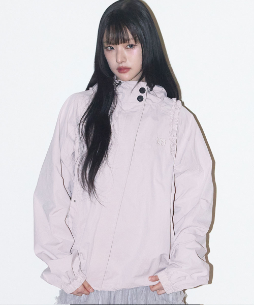 OBLIQUE FRILL HOODED JACKET CHECK PINK