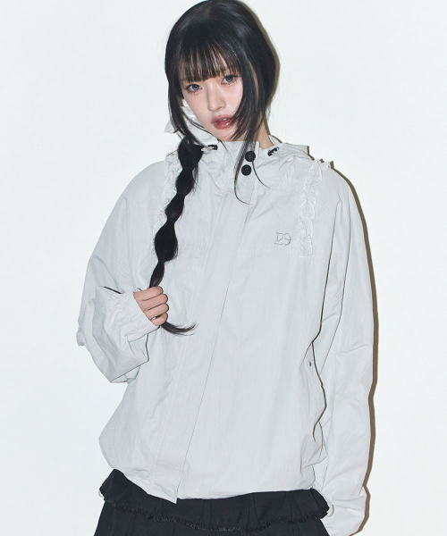 OBLIQUE FRILL HOODED JACKET CHECK GRAY