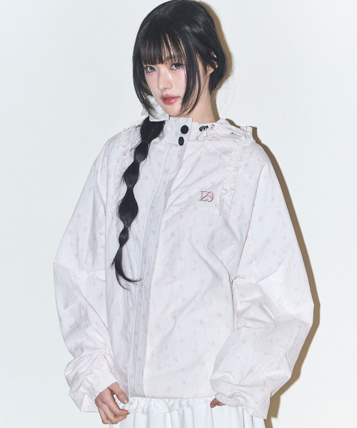 OBLIQUE FRILL HOODED JACKET CHECK FLOWER