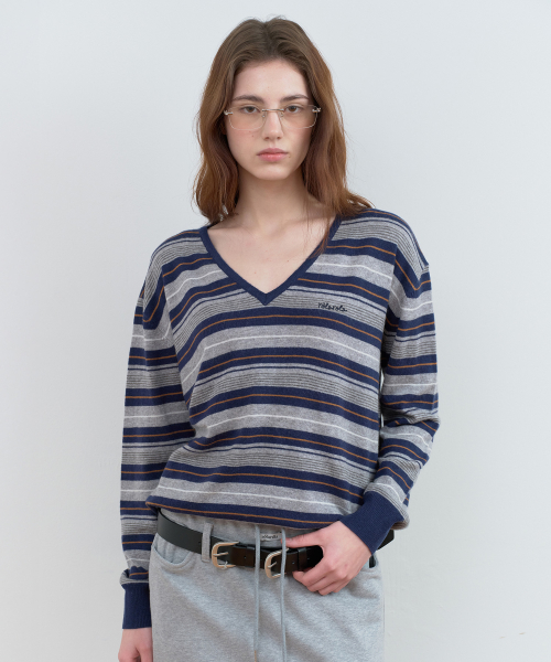 STRIPE V NECK KNIT NAVY