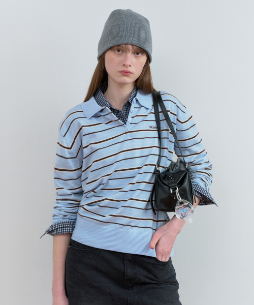 LOOSEFIT MULTI STRIPE COLLAR KNIT SKY
