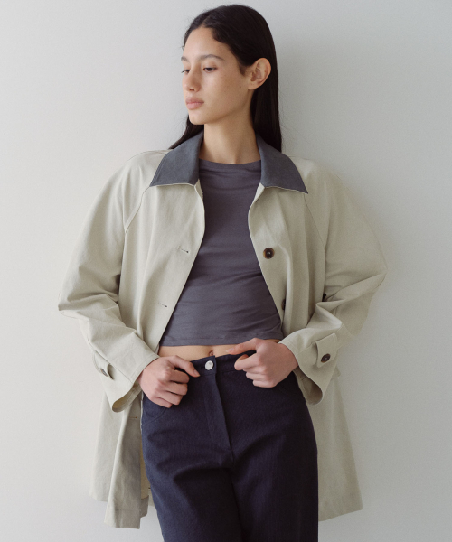 CONTRAST COLLAR WORK COAT - IVORY