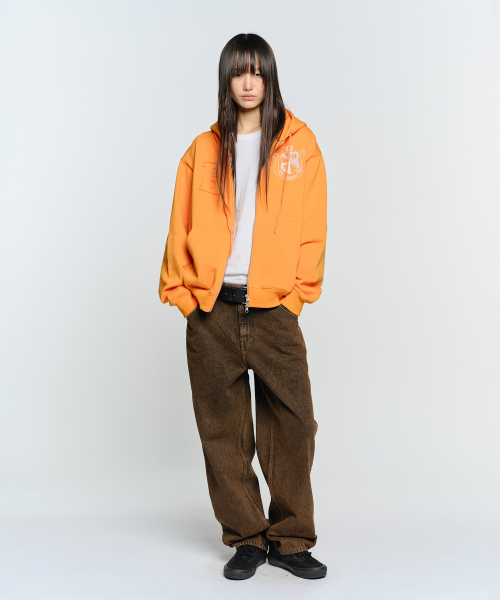 B LOGO PATCH HOODIE ZIP-UP, ORANGE