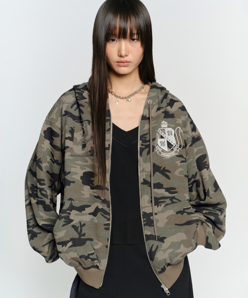B LOGO PATCH HOODIE ZIP-UP, CAMO