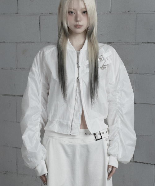 Chest Belt Tipstop Shirring Crop Jacket (White)