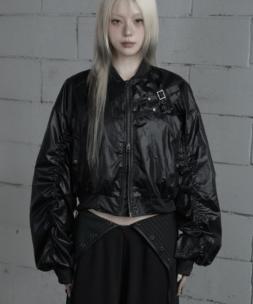 Chest Belt Tipstop Shirring Crop Jacket (Black)