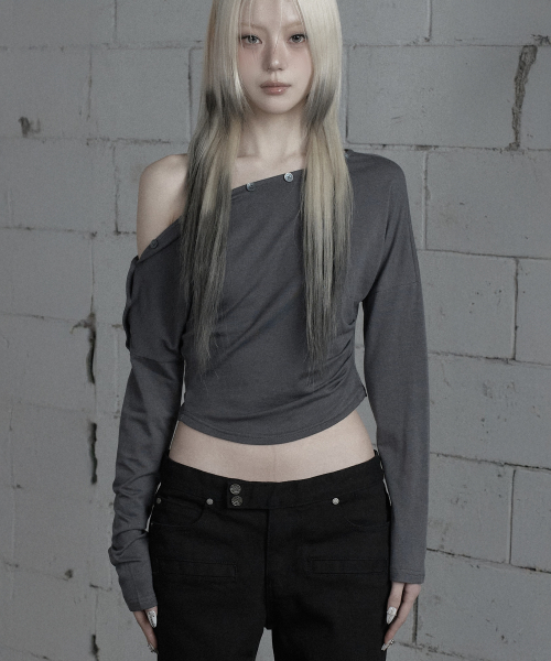 Shoulder Line Button Long Sleeve (Charcoal)