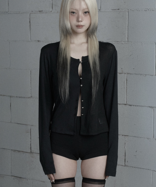 Unbal Color-Block Button Point Cardigan (Black)