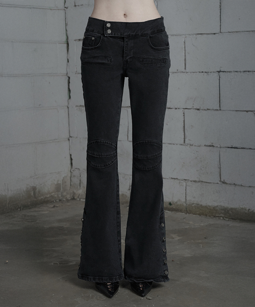 Double Knee Side Button Bootcut Denim Pants (Dark Gray)