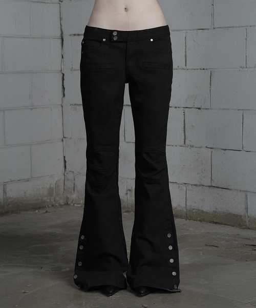 Double Knee Side Button Bootcut Denim Pants (Black)