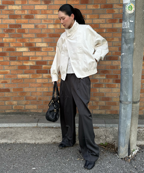 Curved Over Pintuck Slacks, CHARCOAL