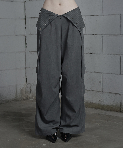 Panel Line Shirring Wide Slacks (Gray)