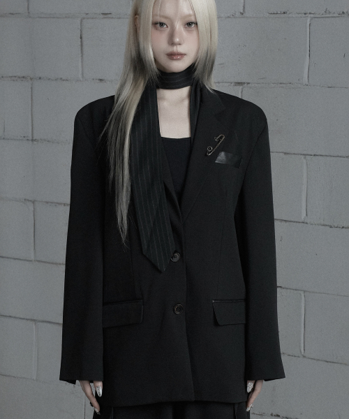 Panel Line Button Front Blazer (Black)