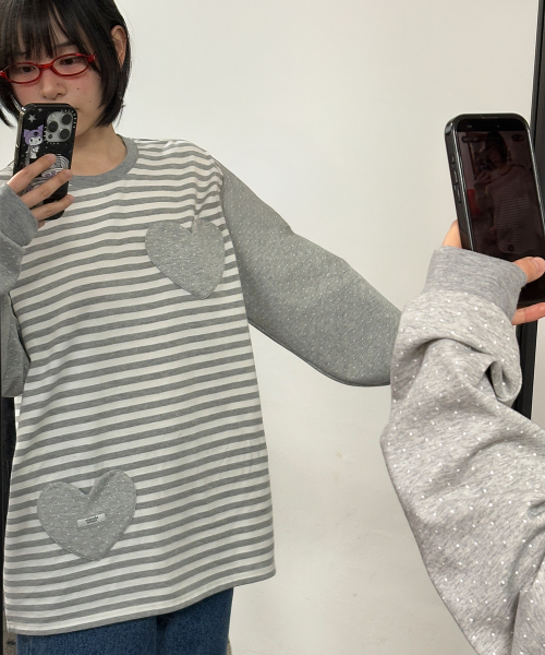 HEART DOT POCKET STRIPE LONG SLEEVE GREY
