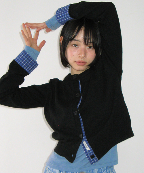 CHECK SHIRT POINTED KNIT CARDIGAN BLACK