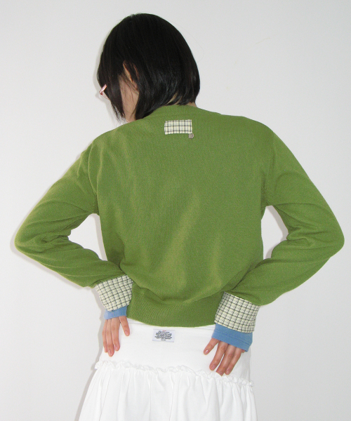 CHECK SHIRT POINTED KNIT CARDIGAN OLIVE