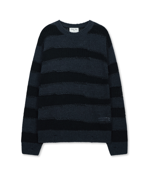 TEXTURE BLOCK STRIPE KNIT PULLOVER IN NAVY
