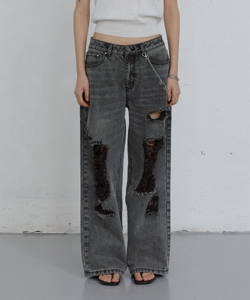 DAMAGED WIDE-LEG DENIM JEANS_ WASHED GREY