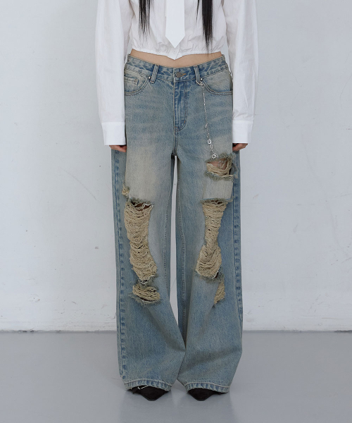 DAMAGED WIDE-LEG DENIM JEANS_ WASHED LIGHT BLUE