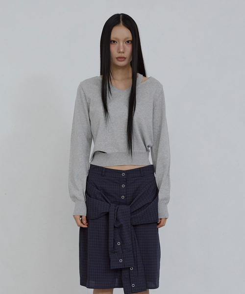 DEEP V-NECK COTTON SWEATER_ MELANGE GREY