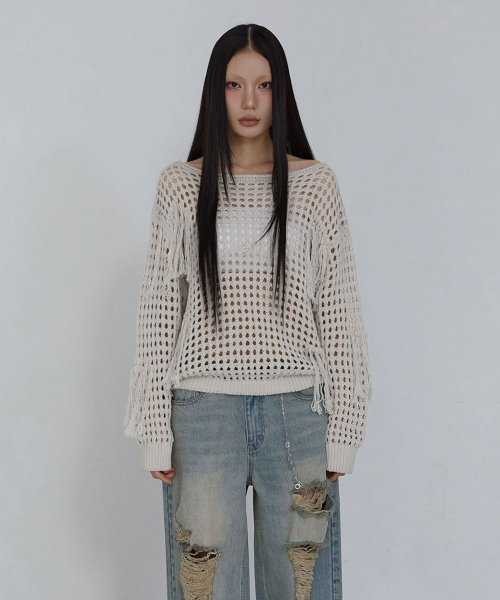 SEE-THROUGH FRINGE SWEATER_ PALE GREY