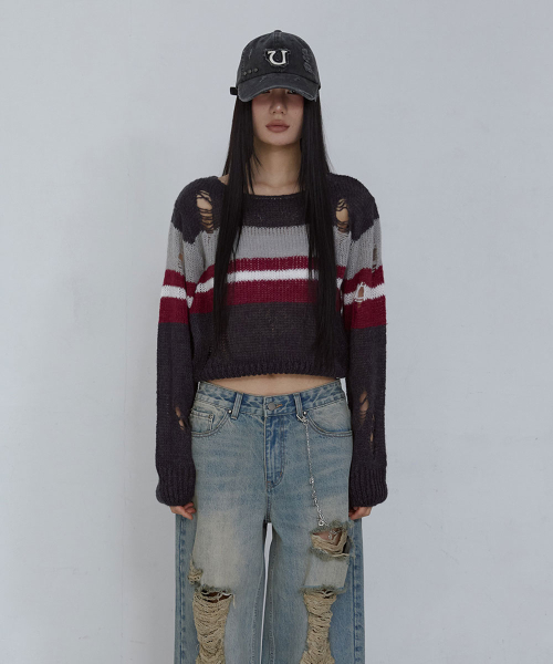 BOAT-NECK PULLOVER_ GREY MULTI STRIPE