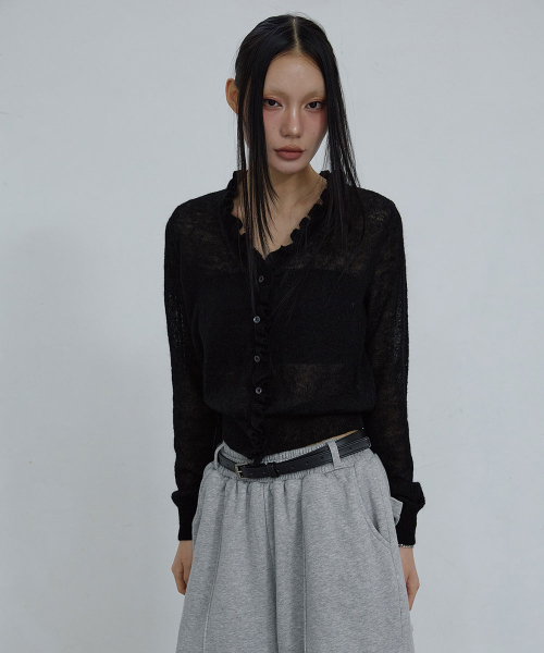 KID MOHAIR LACE V-NECK CARDIGAN_ BLACK